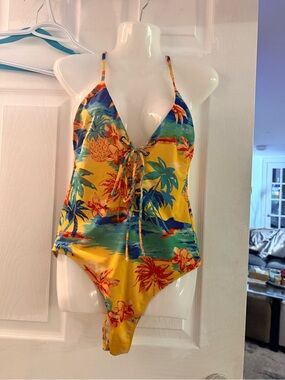 Deep V Tropical One-Piece Swimsuit with Lace Front